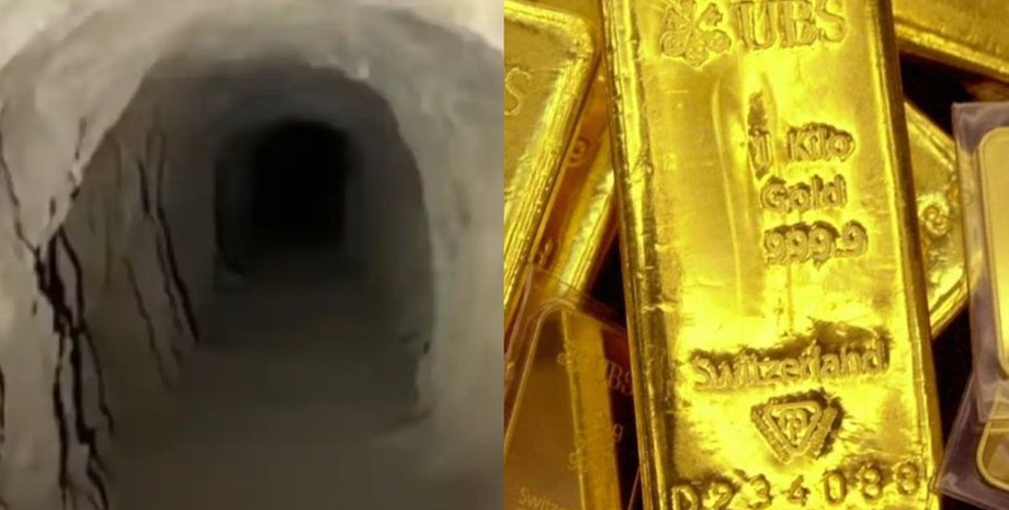 Подземный тоннель и золотые слитки крупным планом