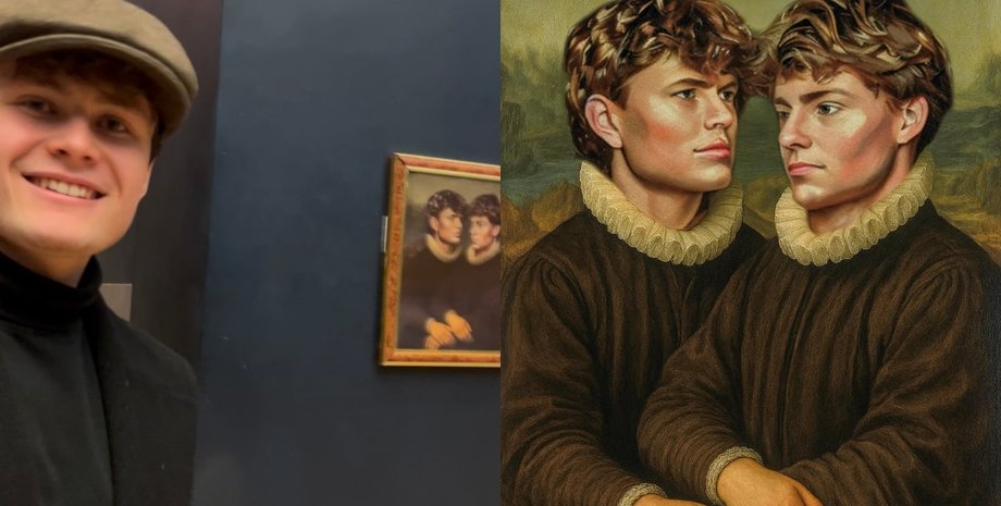 Мужчина в музее позирует рядом с картиной в стиле старинного портрета, изображающей двух юношей в исторических костюмах