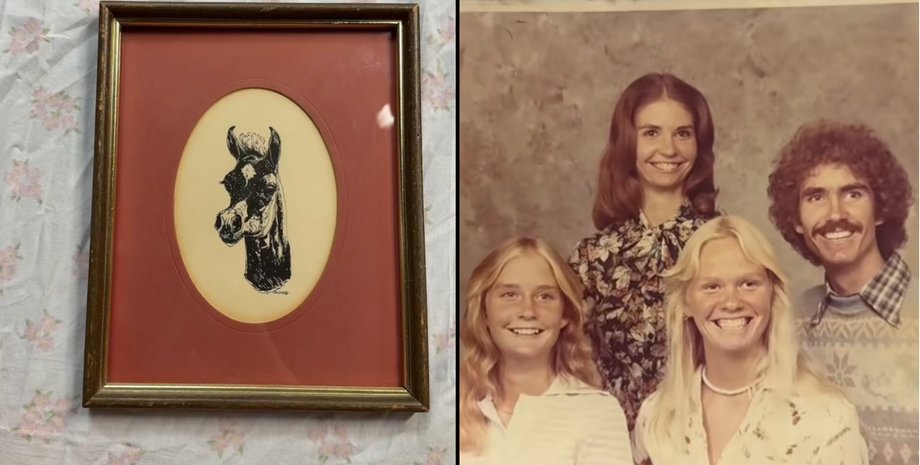 Картина с изображением лошади в рамке и найденная за ней семейная фотография 1970-х годов