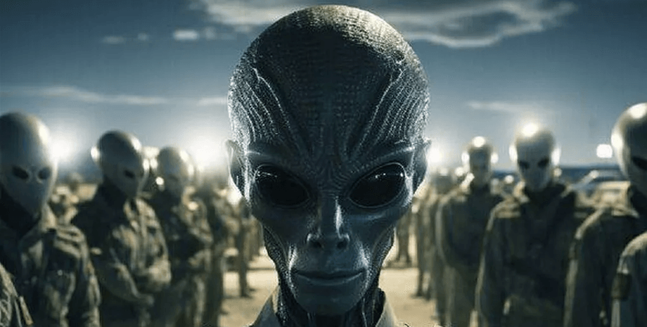 Группа инопланетян с серебристой кожей и черными глазами, выстроенных на освещенной базе ночью, цифровая визуализация