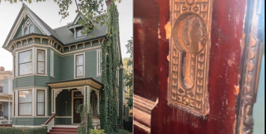 Крупный план скрытого механизма в раздвижной двери викторианского дома в США