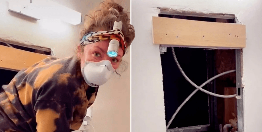 Саманта Хартшу в защитной маске и с налобным фонарем исследует дыру в стене своей ванной, за которой скрывалась квартира