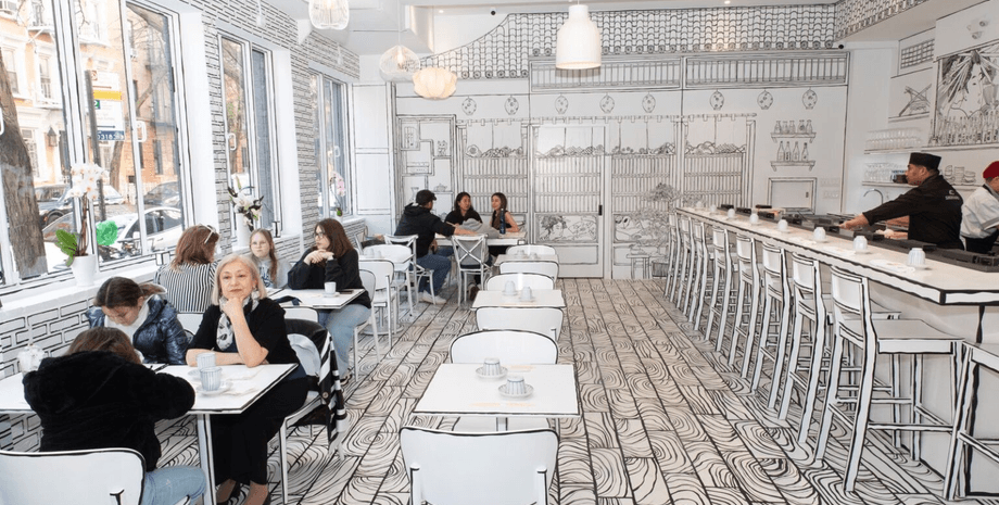 Хозяин ресторана сделал ремонт: теперь заведение выглядит как черно-белый комикс (