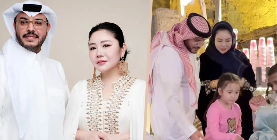 Саудовский мужчина и китаянка позируют в национальной одежде, рядом семейный момент с детьми