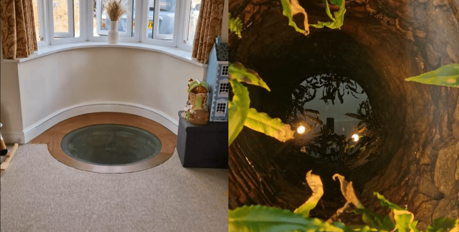 Коллаж: гостиная с колодцем под стеклом и вид внутрь колодца с водой и растительностью