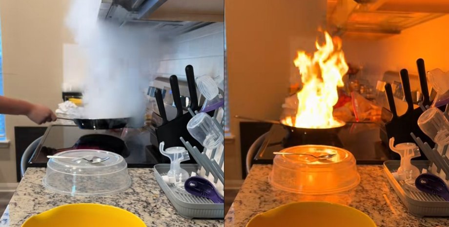 На кухне виден момент, когда сковорода начинает дымиться и вспыхивает ярким пламенем