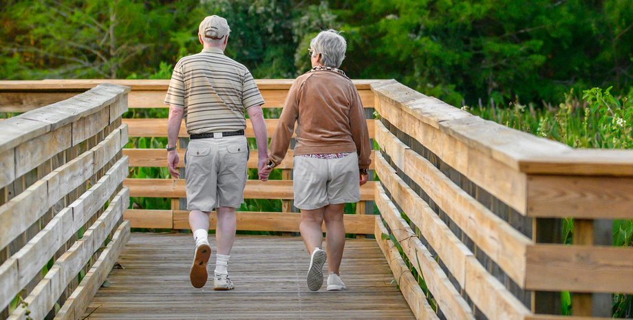 Пожилая пара держится за руки во время прогулки, иллюстрируя идею продления жизни и улучшения здоровья в старшем возрасте