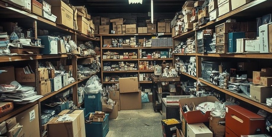 Помещение со стеллажами и десятками коробок, где хранилась коллекция Beanie Babies, унаследованная Виктором Ноймарком