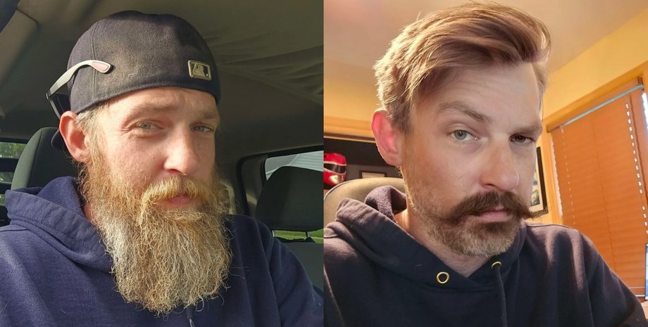 Мужчина с длинной бородой и после бритья с усами