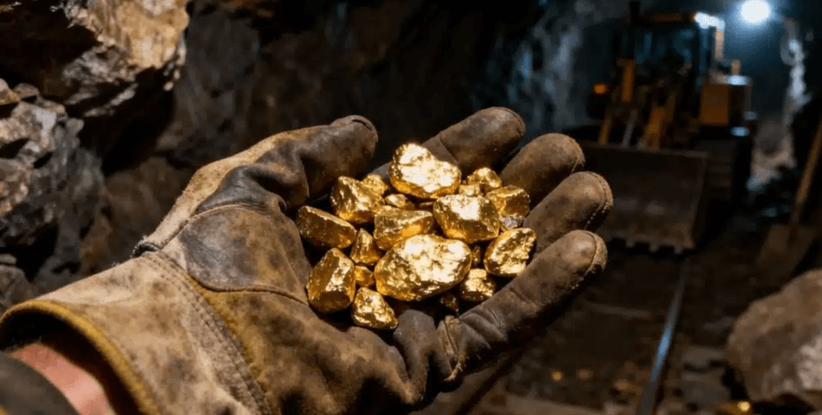 Самородки золота в руках старателя на фоне подземной шахты