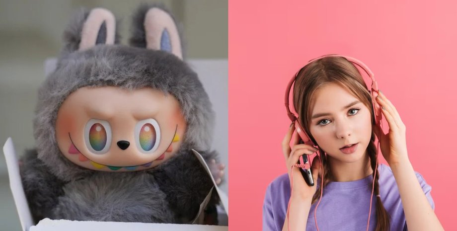Кукла Лабубу и девушка в наушниках как примеры популярных интернет-трендов 2025 года