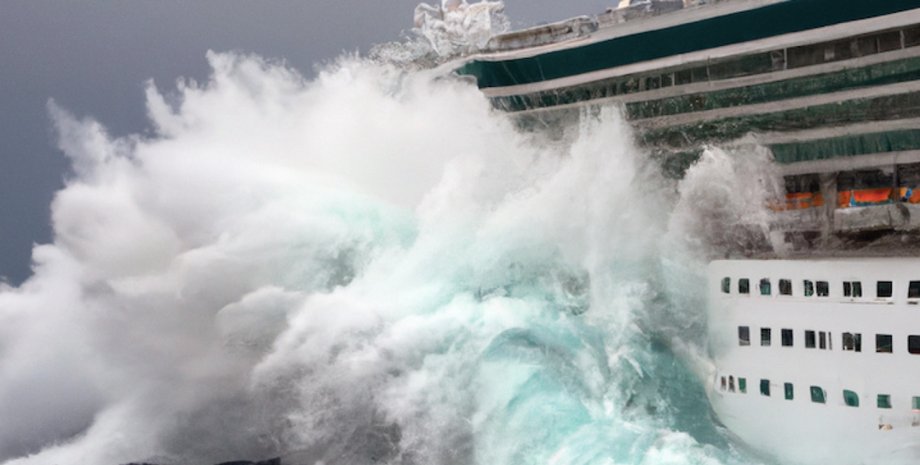 Мощная океанская волна обрушивается на круизный лайнер Royal Caribbean, затопляя палубу
