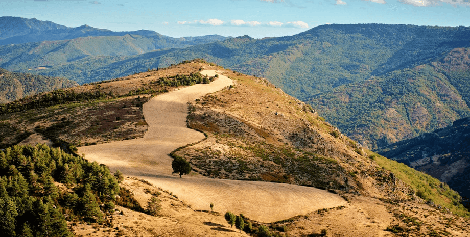 Извилистая дорога среди холмов, рядом с местом, где произошел инцидент с велосипедистом
