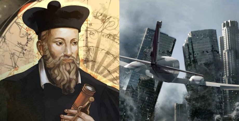 Изображение Нострадамуса и сцена разрушенного города с самолетом на фоне