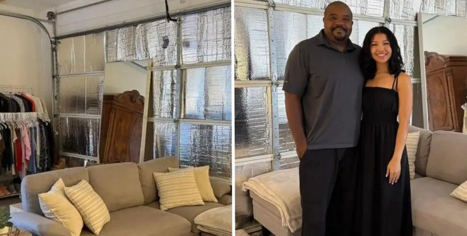 Отец и его дочь стоят в переоборудованном гараже, который стал уютной квартирой и помог ей сэкономить тысячи долларов