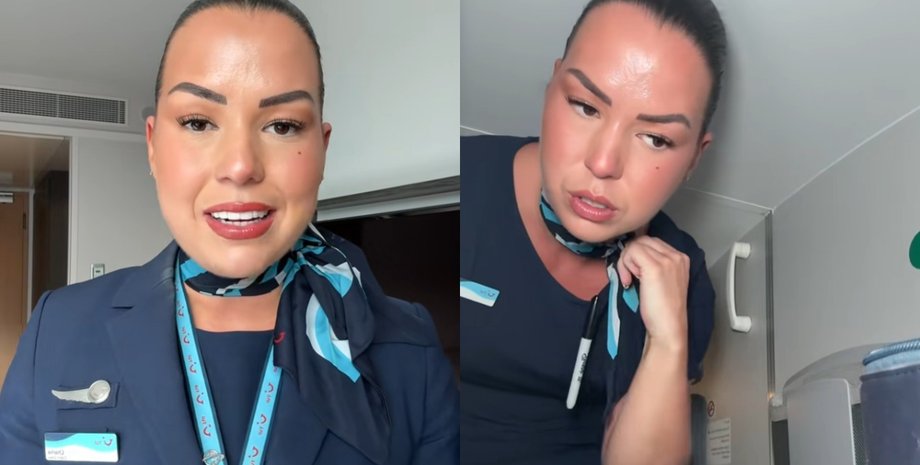 Бортпроводница показывает, где находится скрытая кнопка подлокотника в кресле самолета