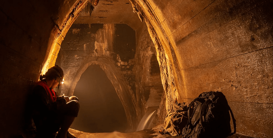 Подземная галерея с арочным сводом, небольшим водопадом и оборудованием для спуска в дренажной системе Киева