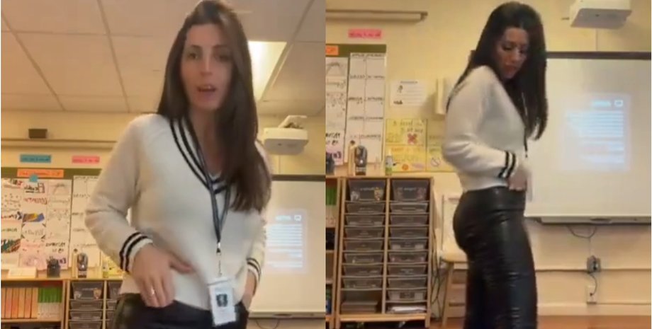 Женщина в классе позирует в кожаных брюках и свитере, ее наряд вызвал бурное обсуждение в сети