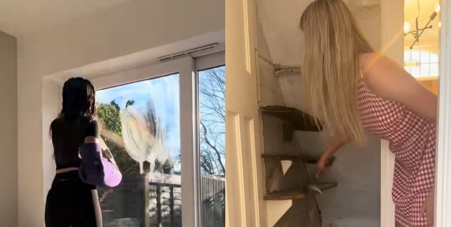 Женщина во время ремонта дома моет окна и подготавливает лестницу к обновлению своими руками