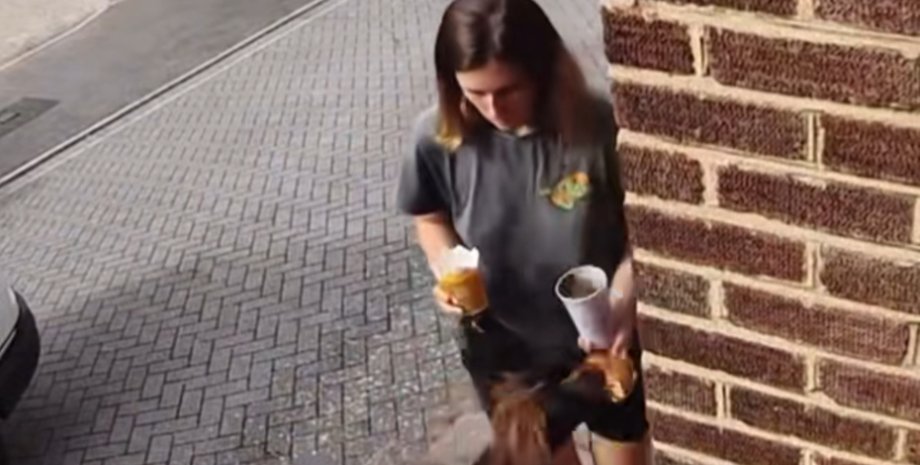 Женщина у двери роняет еду, когда ее собака подпрыгивает и выхватывает бургер прямо из рук